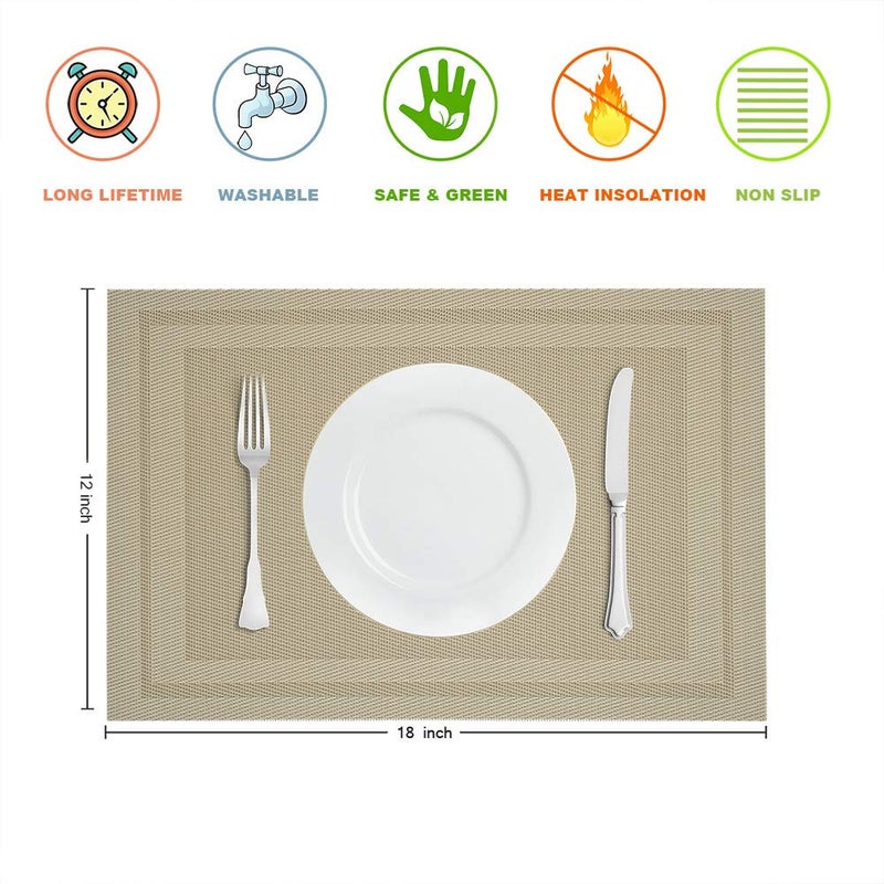 GIVERARE Placemats Set of 4, Heat-Resistant Woven Vinyl Placemat, Non-Slip Washable PVC Table Mat, Easy to Clean Premium Plastic Mats for Dining, Kitchen Table (Beige) - Image 3